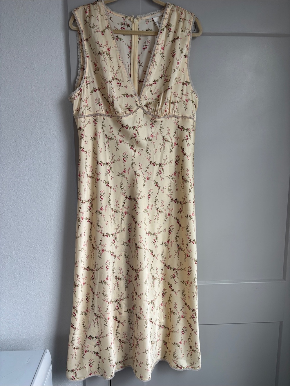NWT H&M Pale Yellow Midi Slip Dress with Pink Floral Print